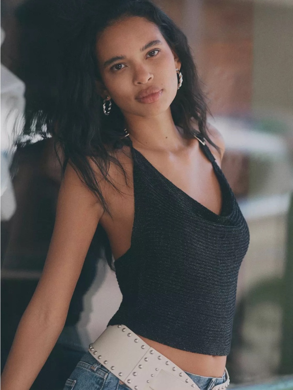 By Anthropologie Cowl-Neck Black Sparkle Buckle Sweater Tank NWT Sz M